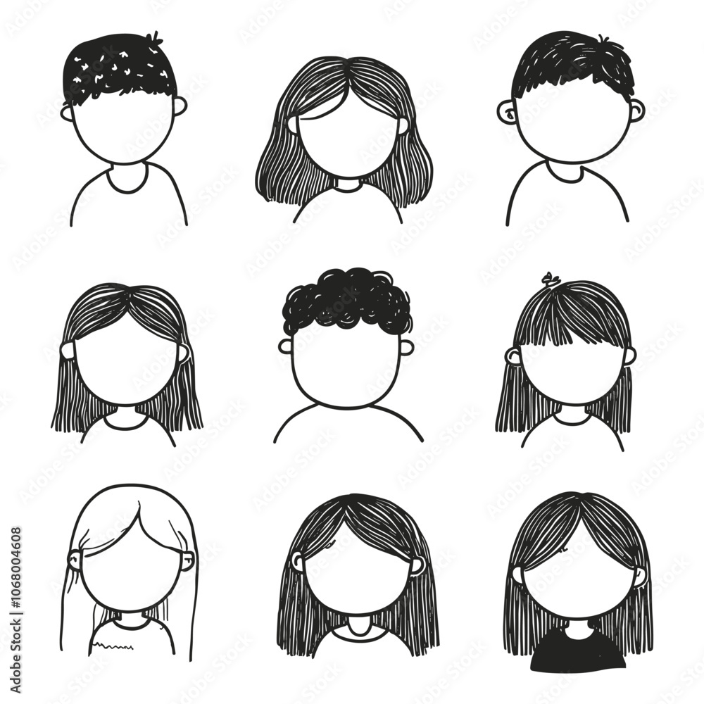 Simple Outline Avatars of People with Various Hairstyles in Minimal Style Simple Outline Avatars of People with Various Hairstyles in Minimal Style