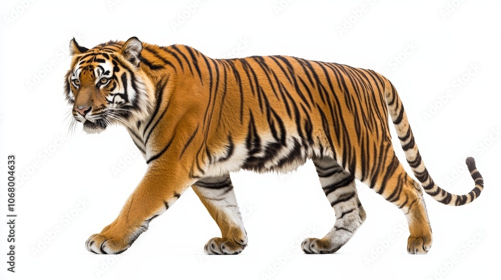 Naklejka premium A majestic tiger walking cautiously with its muscles rippling, isolated on a white background