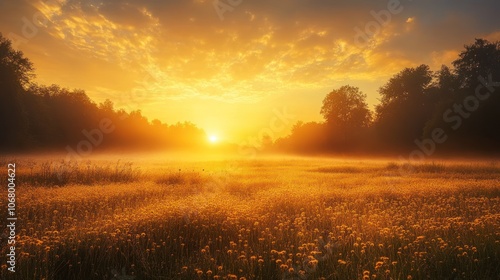 A scenic sunrise over a misty meadow, casting a warm golden glow over the landscape. The sun peeks through the clouds, illuminating the tall grass and trees.