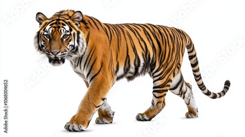 A majestic tiger walking cautiously with its muscles rippling, isolated on a white background