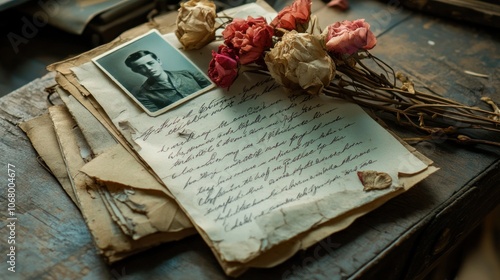 A stack of old letters with a faded photograph and dried roses on a wooden surface.