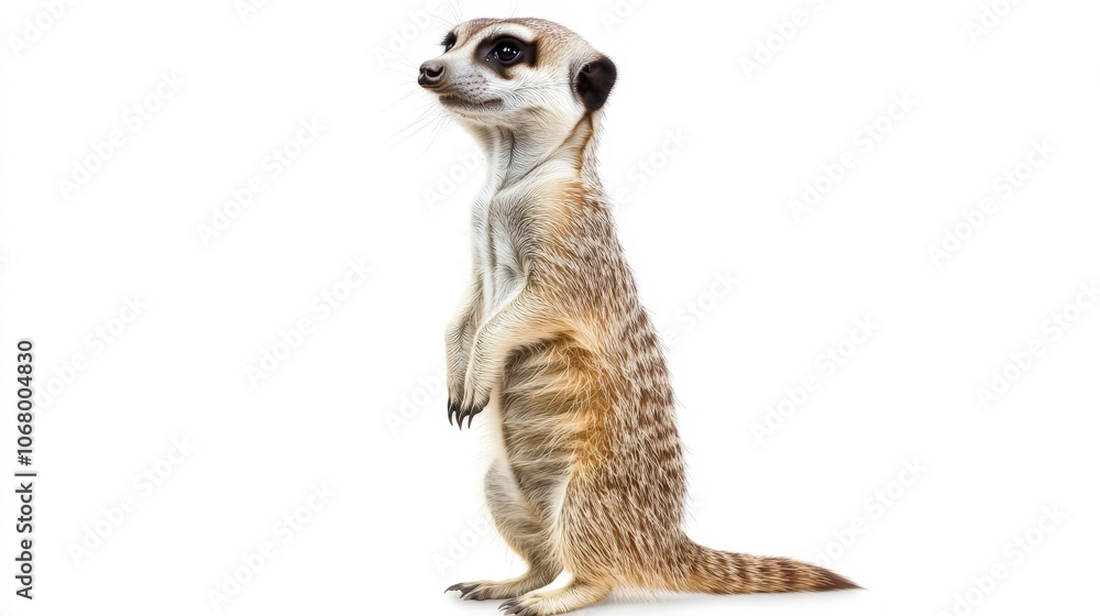 A meerkat standing on its hind legs, looking curiously around, isolated on a white background A meerkat standing on its hind legs, looking curiously around, isolated on a white background