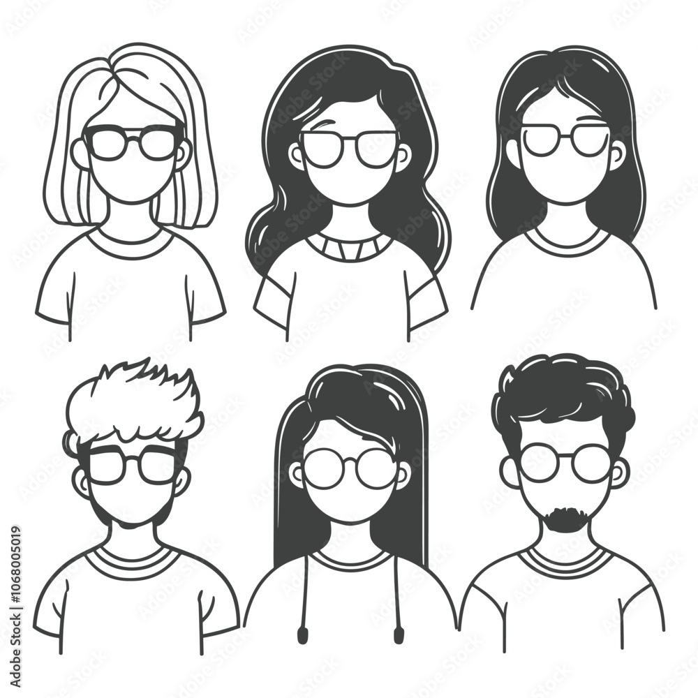 Black and White Avatars of Men and Women with Glasses and Hairstyles Black and White Avatars of Men and Women with Glasses and Hairstyles