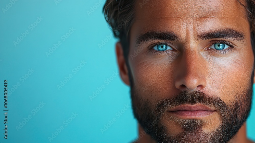 Man with lifted skin after a cosmetic procedure on a light blue background, promoting anti-aging skincare for men. Man with lifted skin after a cosmetic procedure on a light blue background, promoting anti-aging skincare for men.