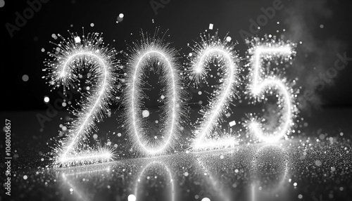 Happy New Year 2025 glowing text with Christmas fireworks and sparkling, shiny details on the background 