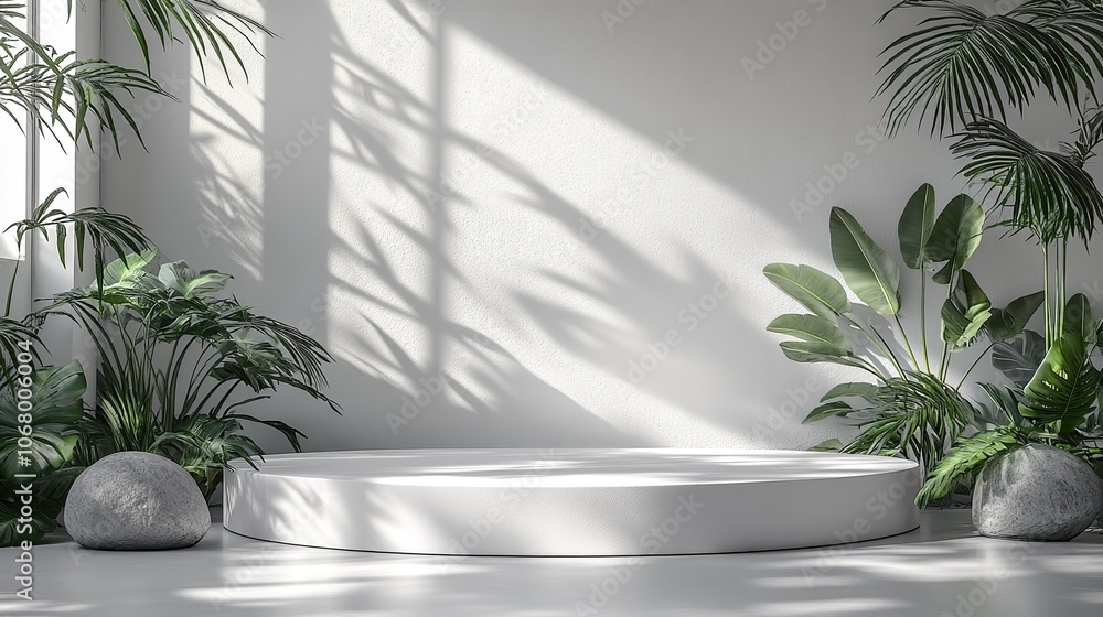 Minimalist white podium with shadows and tropical leaves, promoting product presentations. Minimalist white podium with shadows and tropical leaves, promoting product presentations.