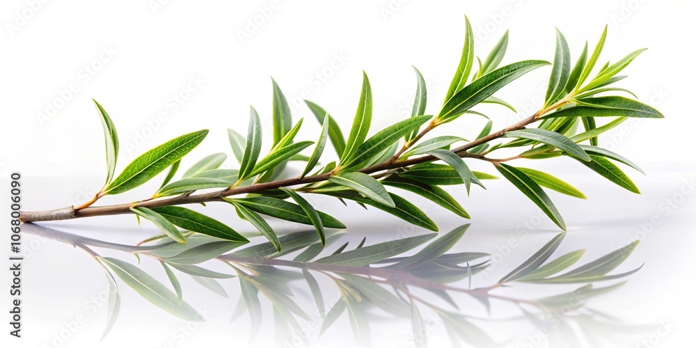 Fototapeta premium A Twig of Fresh Green Leaves Reflecting in a Mirror-Like Surface