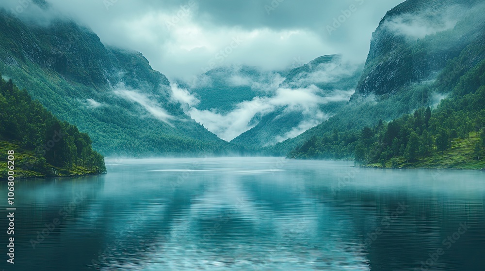 Fototapeta premium Misty lake landscape in Norway, promoting eco-tourism and natural beauty destinations.