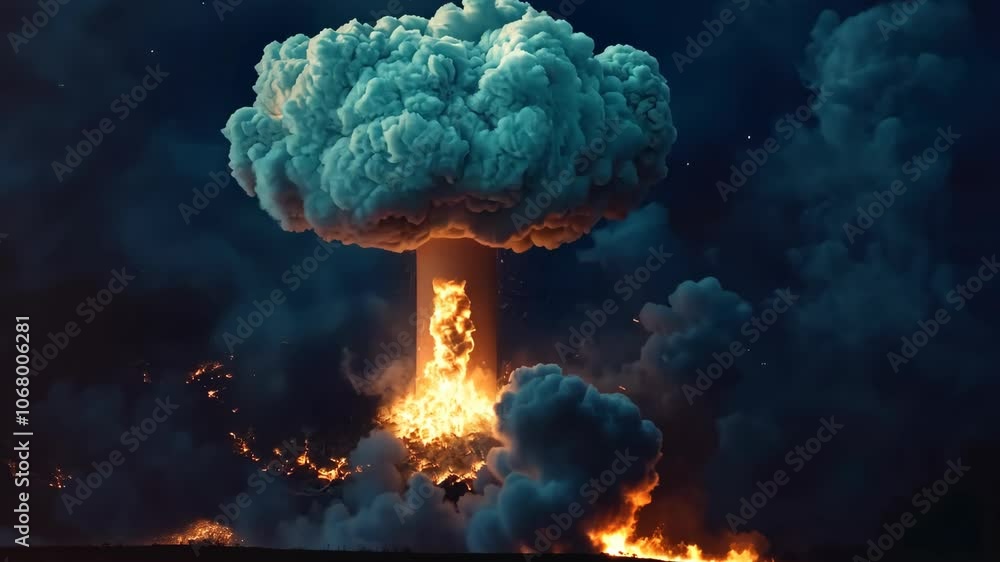 Big explosion with smoke and ash. Eruption. Explosion of a nuclear bomb ...