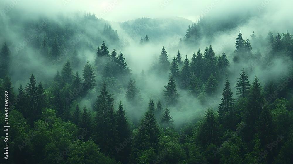 Misty mountain forest landscape, capturing an ethereal and peaceful morning atmosphere in a vintage style. Misty mountain forest landscape, capturing an ethereal and peaceful morning atmosphere in a vintage style.