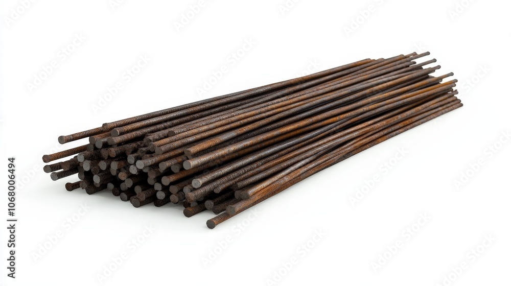 A pile of steel rebar rods for concrete reinforcement, isolated on a white background