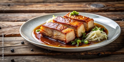 Glazed Pork Belly with Aromatic Sauce and Sliced Vegetables Served on a Rustic Wooden Table