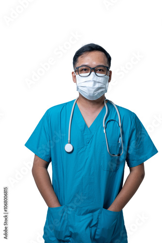 A man in a blue scrubs is wearing a mask and holding a stethoscope. transparent background png