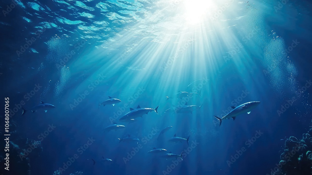 Fototapeta premium Underwater Scene with Fish and Sunlight Rays