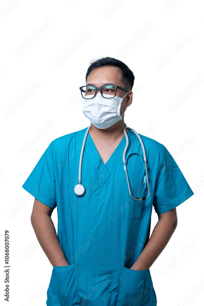 A man in a blue scrubs is wearing a mask and holding a stethoscope. transparent background png A man in a blue scrubs is wearing a mask and holding a stethoscope. transparent background png