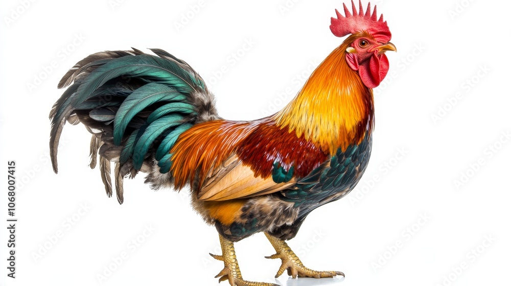 Fototapeta premium A proud rooster crowing at sunrise, its colorful feathers standing out, isolated on a white background