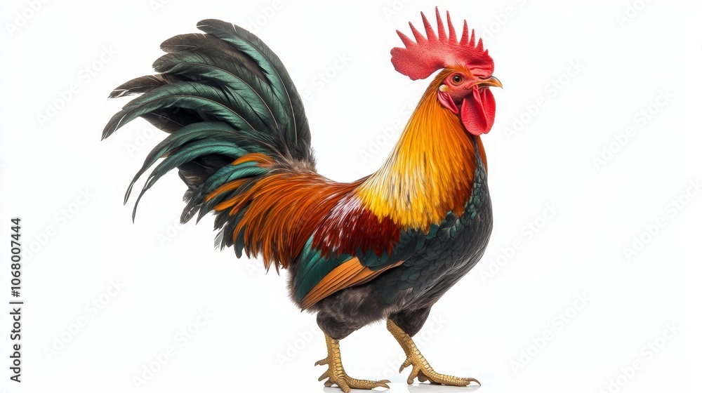 A proud rooster crowing at sunrise, its colorful feathers standing out, isolated on a white background A proud rooster crowing at sunrise, its colorful feathers standing out, isolated on a white background