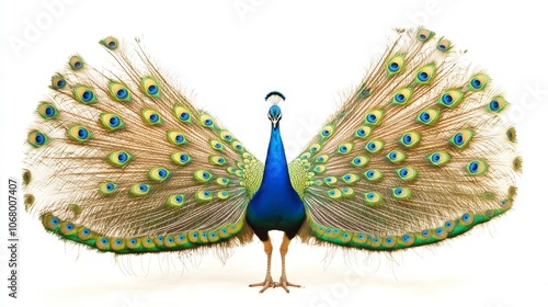 A proud peacock displaying its full spread of colorful feathers, isolated on a white background photo