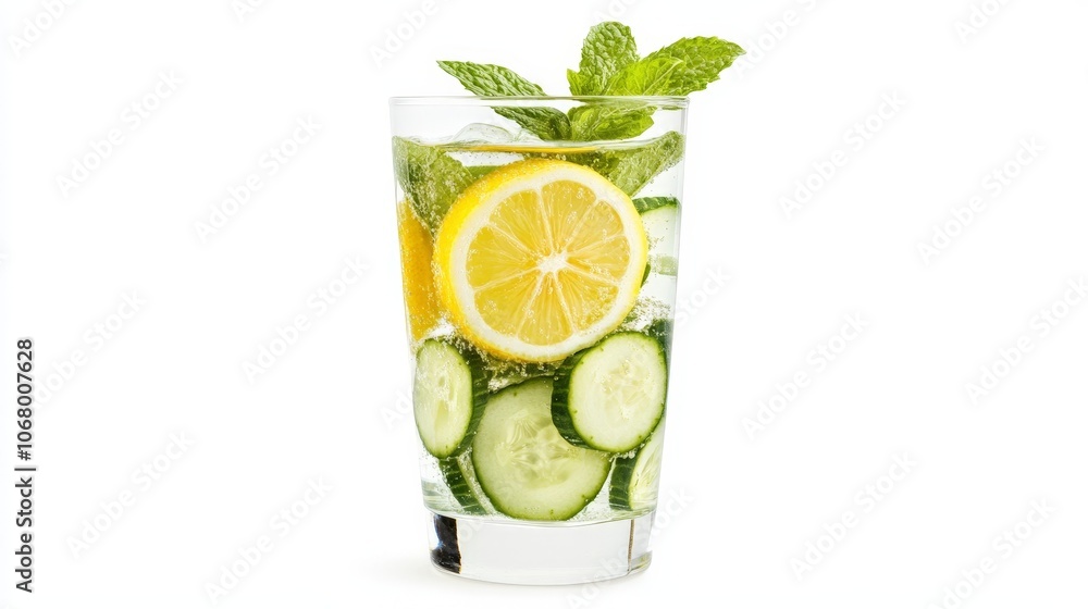 A refreshing cucumber-infused water with lemon and mint, served in a clear glass, isolated on a white background A refreshing cucumber-infused water with lemon and mint, served in a clear glass, isolated on a white background