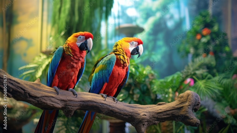 Two Colorful Macaws Perched on a Branch Two Colorful Macaws Perched on a Branch