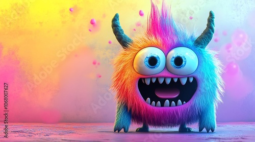 A cute, furry, rainbow-colored monster with big eyes and a toothy grin.
