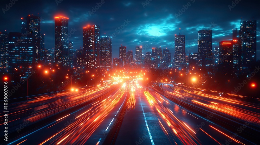 Night city traffic with bright light trails on the road, perfect for nightlife or motion speed concept backgrounds. Night city traffic with bright light trails on the road, perfect for nightlife or motion speed concept backgrounds.