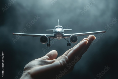 Small model airplane held by hand against a plain background, symbolizing aerospace innovation with space for copy photo