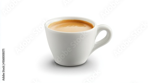 A rich espresso shot with a smooth crema, served in a small white cup, isolated on a white background