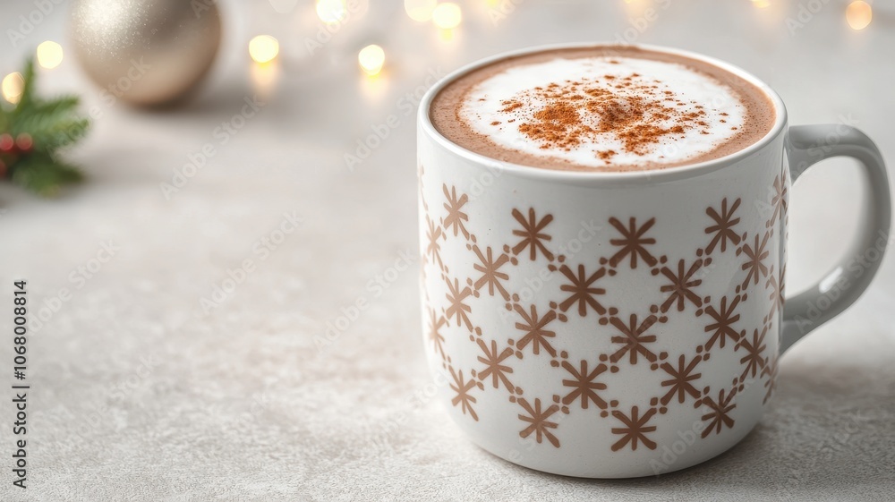 A beautifully decorated mug filled with frothy hot chocolate topped with a sprinkle of cocoa, perfect for cozy winter moments. A beautifully decorated mug filled with frothy hot chocolate topped with a sprinkle of cocoa, perfect for cozy winter moments.