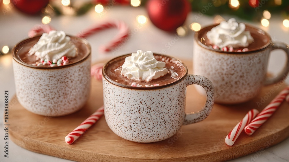 Three mugs of hot chocolate topped with whipped cream sit on a wooden board, surrounded by festive decor and candy canes. Three mugs of hot chocolate topped with whipped cream sit on a wooden board, surrounded by festive decor and candy canes.