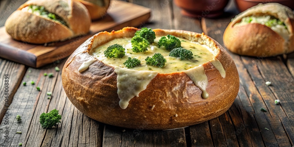 A golden crusty bread bowl filled with creamy soup and garnished with broccoli florets, a rustic and comforting meal on a wooden surface. A golden crusty bread bowl filled with creamy soup and garnished with broccoli florets, a rustic and comforting meal on a wooden surface.