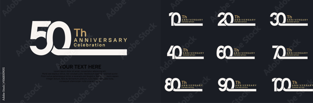 Naklejka premium Anniversary logo set vector design, white and golden color for celebration event