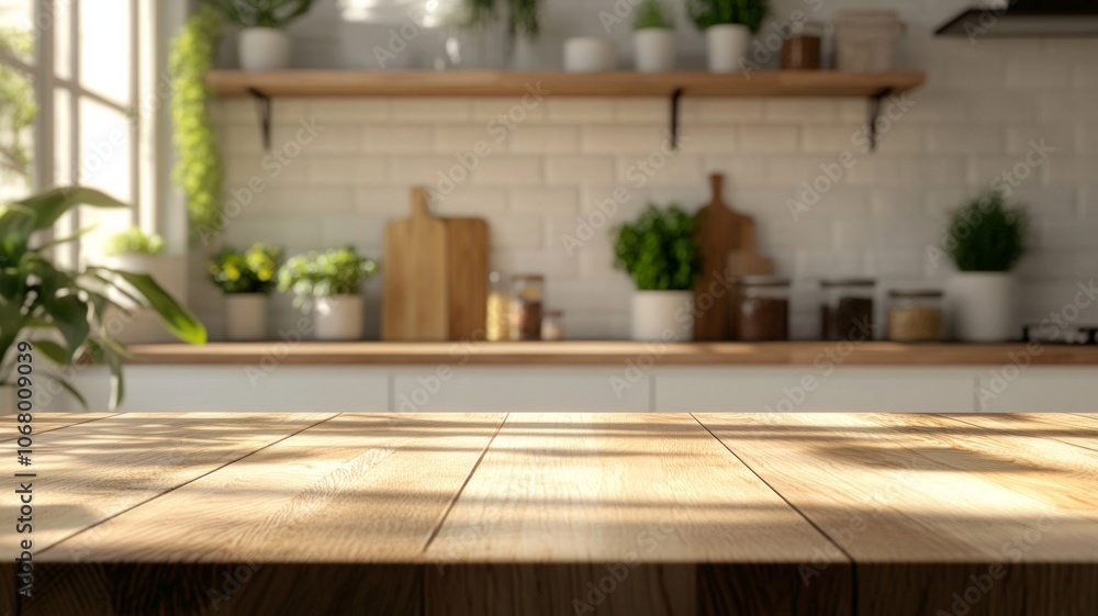 A modern home space with a blurred kitchen interior and wooden desk area emphasizing a clean minimalist style. AI generative A modern home space with a blurred kitchen interior and wooden desk area emphasizing a clean minimalist style. AI generative