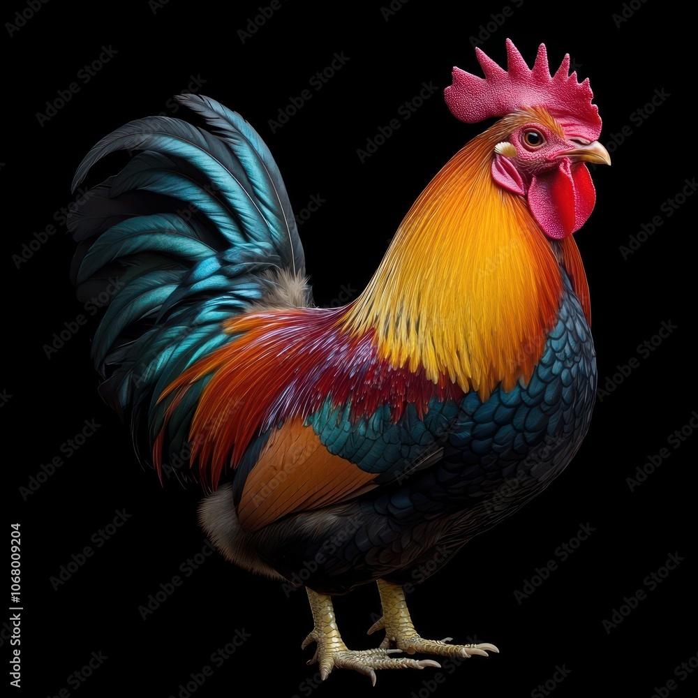 Fototapeta premium Realistic Full-Body Photograph of a Rooster in Side View Against a Colorful Black Background