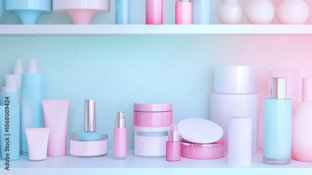 Pastel Colored Bottles and Jars on a Shelf Pastel Colored Bottles and Jars on a Shelf