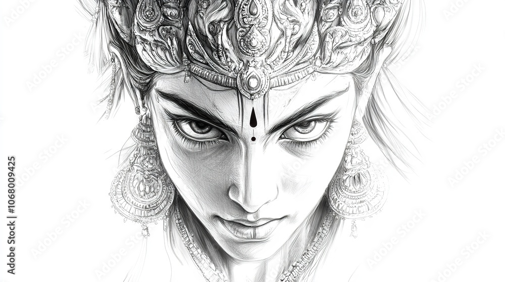Happy Navratri, Maa Durga Pencil Sketch Isolated on White Background Happy Navratri, Maa Durga Pencil Sketch Isolated on White Background