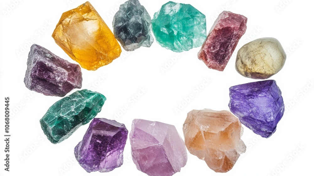 A set of reiki healing crystals arranged in a circular pattern, isolated on a white background A set of reiki healing crystals arranged in a circular pattern, isolated on a white background