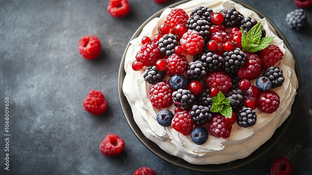 Pavlova cake with berries on a light grey backdrop, a sweet treat concept ideal for parties or special occasions. Pavlova cake with berries on a light grey backdrop, a sweet treat concept ideal for parties or special occasions.