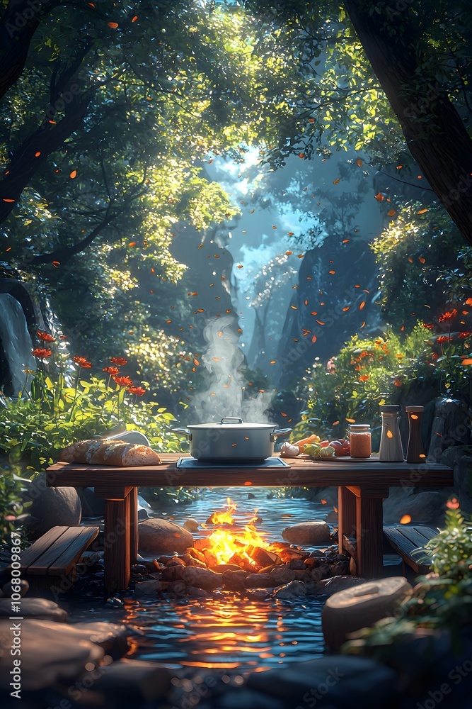 Outdoor Kitchen Scene with Cooking Pot and Fire Outdoor Kitchen Scene with Cooking Pot and Fire