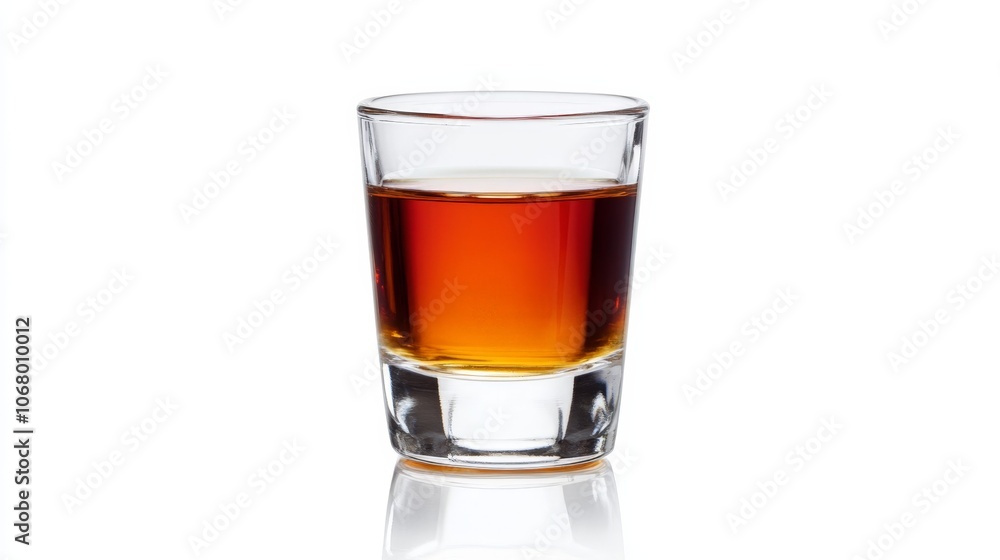 A shot of bourbon served neat in a small glass, isolated on a white background A shot of bourbon served neat in a small glass, isolated on a white background