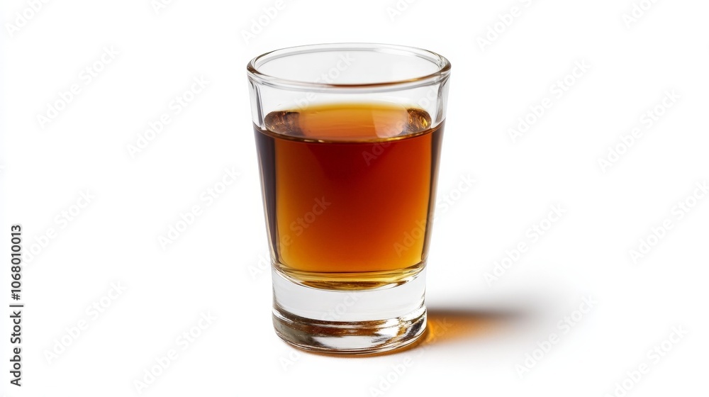 A shot of bourbon served neat in a small glass, isolated on a white background A shot of bourbon served neat in a small glass, isolated on a white background