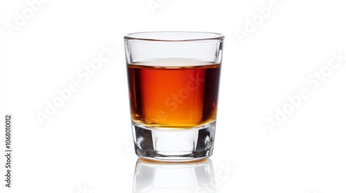 A shot of bourbon served neat in a small glass, isolated on a white background