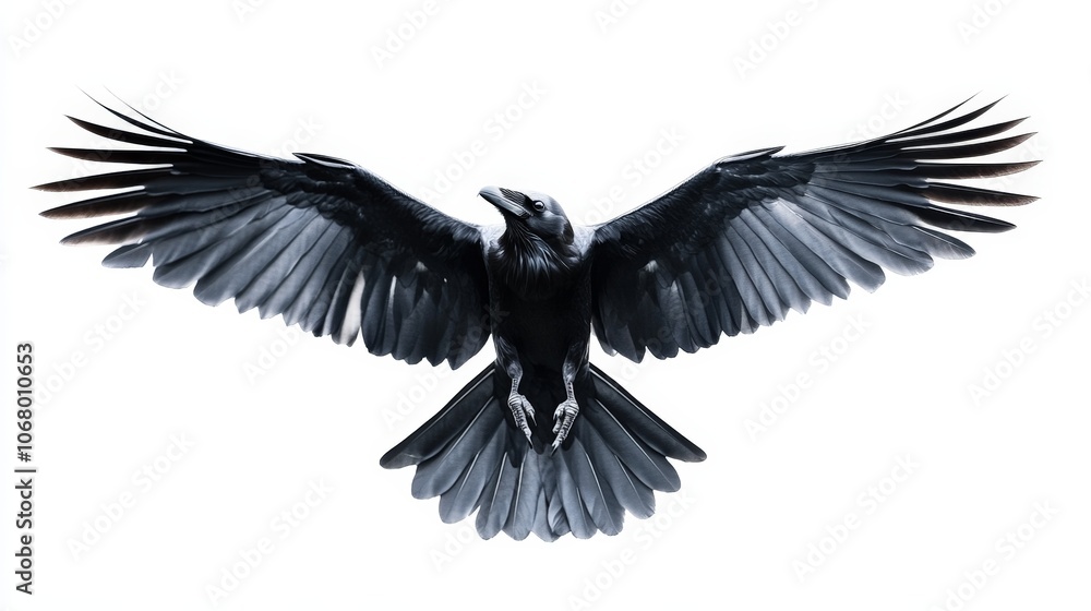 Naklejka premium A sleek raven flying through the sky, its wings spread wide, isolated on a white background