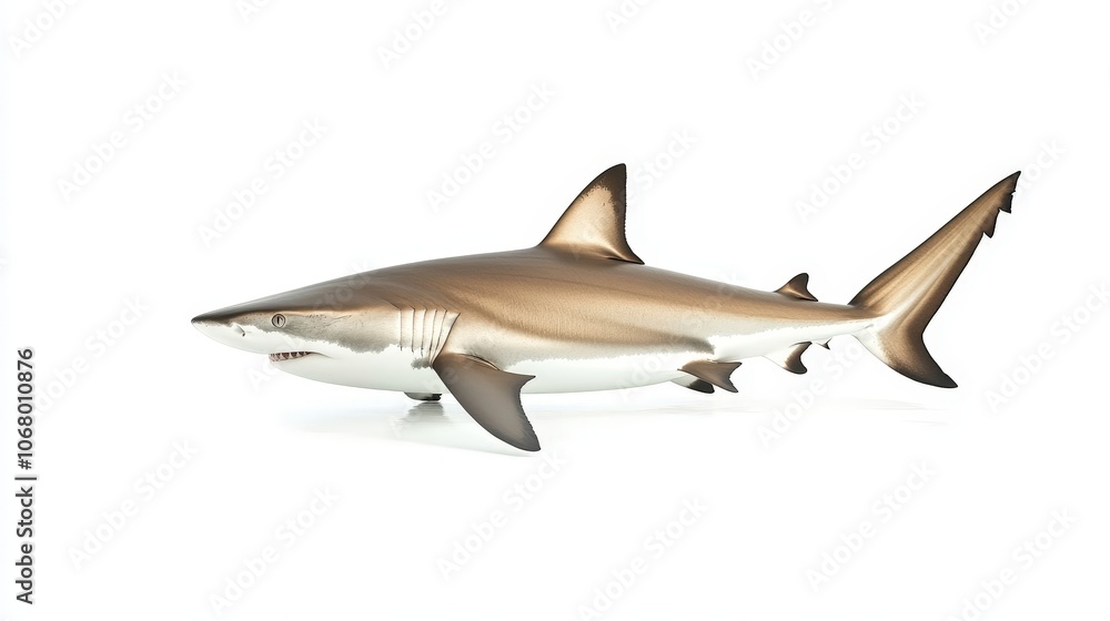 A sleek shark swimming forward, its fin cutting through the water, isolated on a white background A sleek shark swimming forward, its fin cutting through the water, isolated on a white background