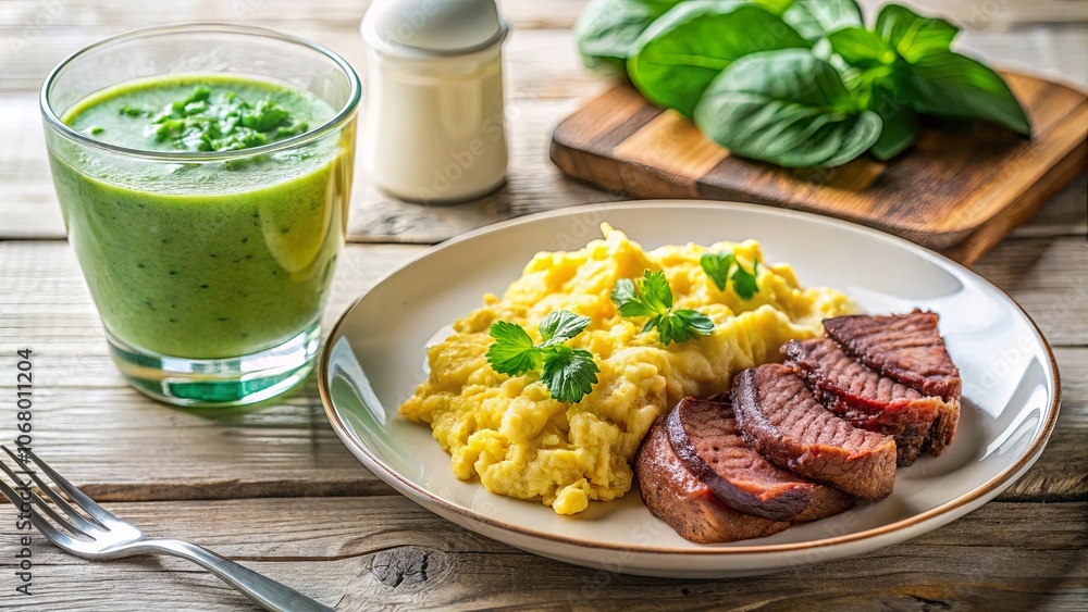 A savory meal of scrambled eggs and slices of meat, accompanied by a glass of green smoothie, ready to be enjoyed on a rustic wooden table. A savory meal of scrambled eggs and slices of meat, accompanied by a glass of green smoothie, ready to be enjoyed on a rustic wooden table.