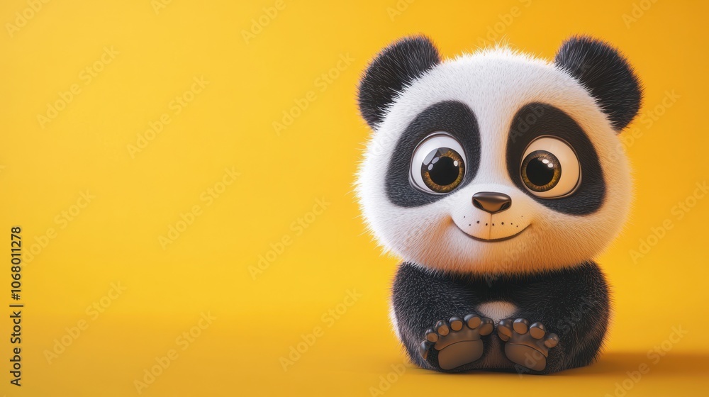 Cute Panda Cub with Big Eyes on Yellow Background Cute Panda Cub with Big Eyes on Yellow Background
