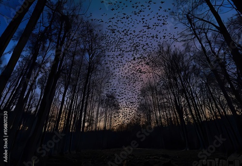 bat flight at twilight bats emerging from a forest clearing silh photo