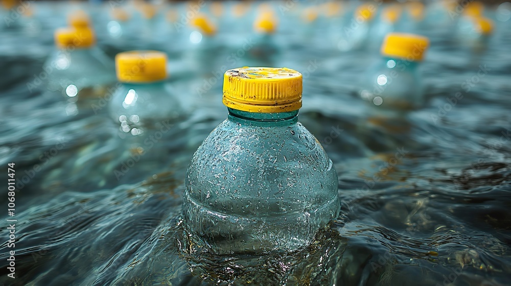 Plastic bottles floating in the ocean, raising awareness for pollution and environmental protection. Plastic bottles floating in the ocean, raising awareness for pollution and environmental protection.