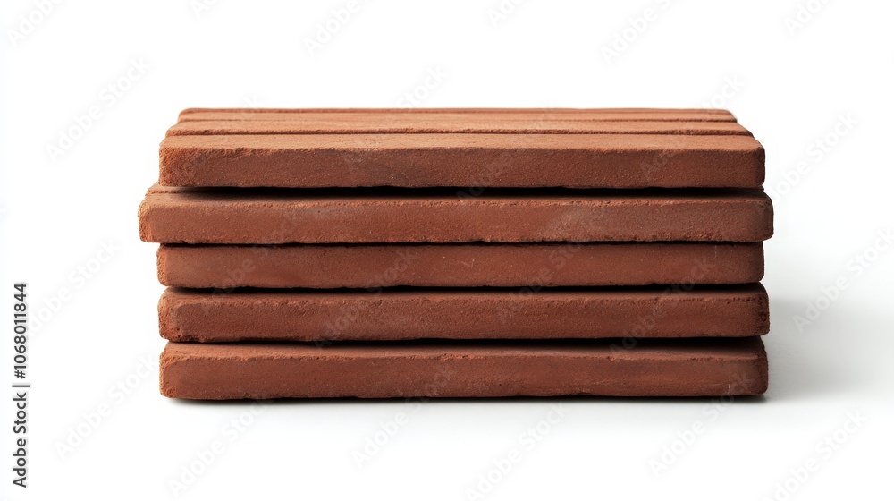 A stack of red clay bricks arranged neatly, isolated on a white background A stack of red clay bricks arranged neatly, isolated on a white background