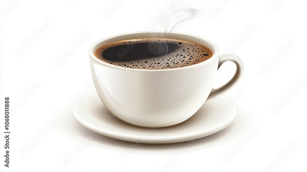A steaming cup of black coffee with a perfect crema on top, isolated on a white background A steaming cup of black coffee with a perfect crema on top, isolated on a white background